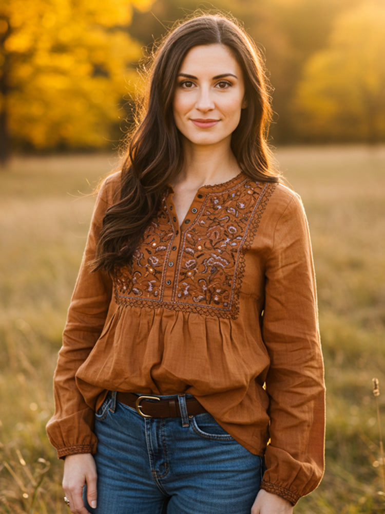 Women's Vintage Bohemian Embroidered Print Shirt elevenforest