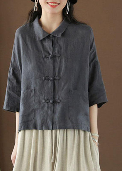 Green Peter Pan Collar Pockets Summer Linen Top