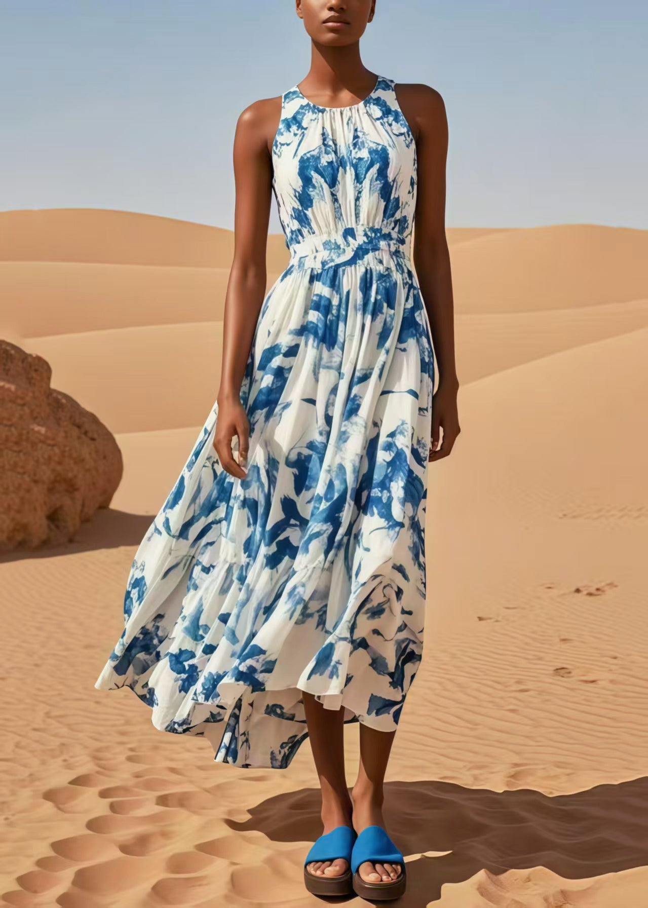Blue Print Exra Large Hem Cotton Beach Dress Sleeveless