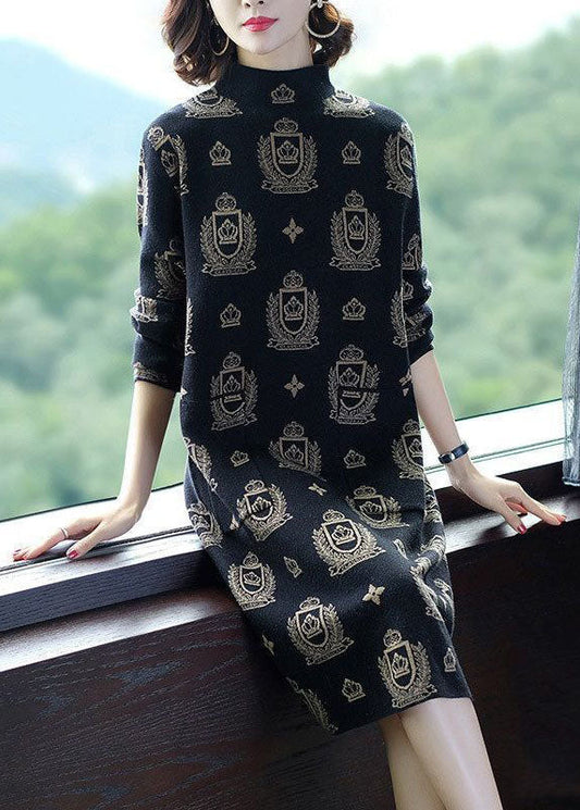 Black High Neck Print Pockets Knit Sweater Dress Long Sleeve