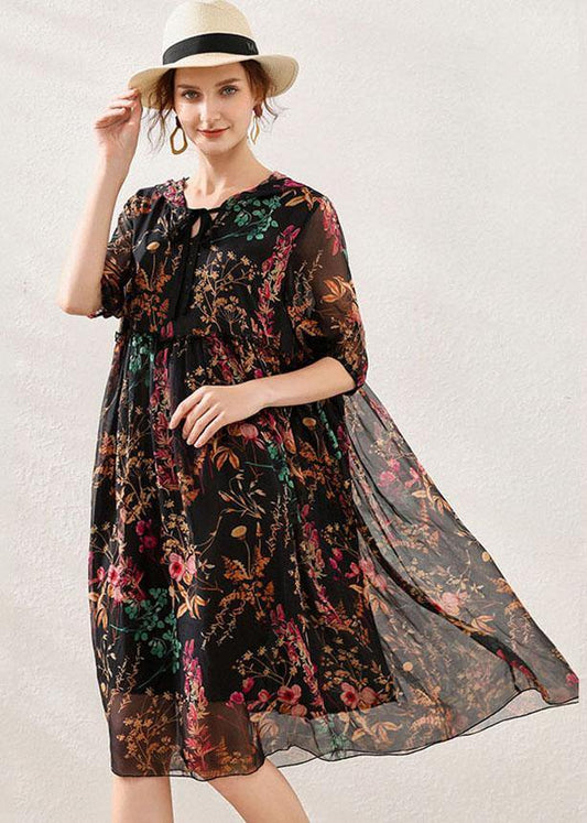 Pink Cinched Print Summer Chiffon Mid Dress Half Sleeve