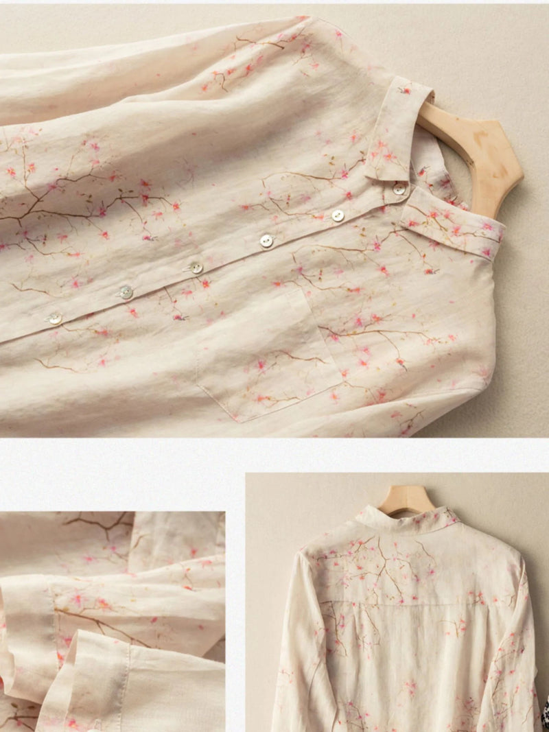 Print Long Sleeve Linen Shirt Top