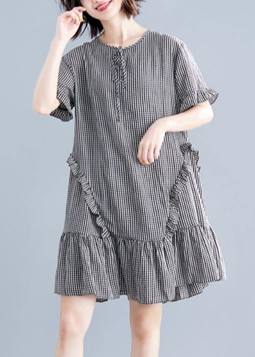 French Black Plaid Cotton Quilting Dresses O Neck Ruffles Cotton Dress