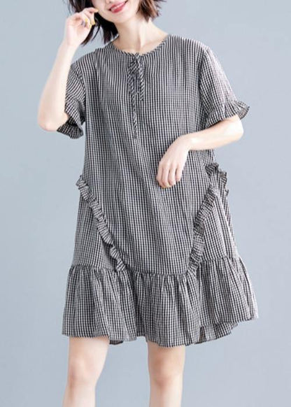 French Black Plaid Cotton Quilting Dresses O Neck Ruffles Cotton Dress