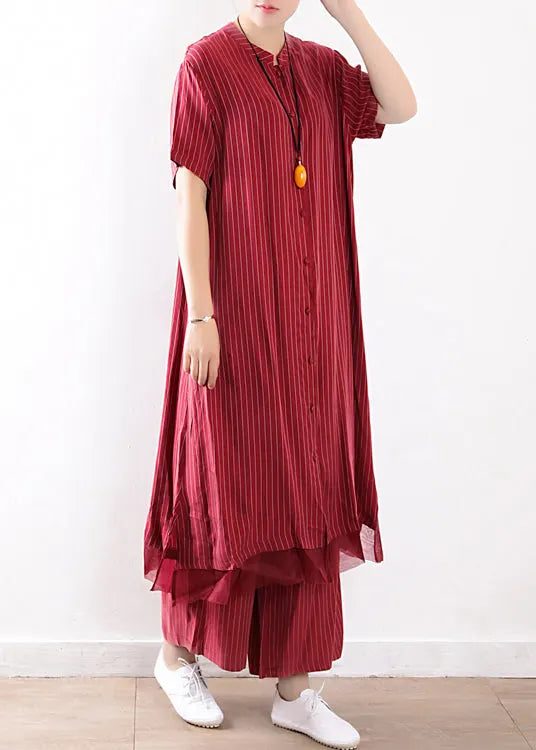 Red Striped Silk Shirt Dress and Elastic Waist Wide Leg Pants Two Pieces