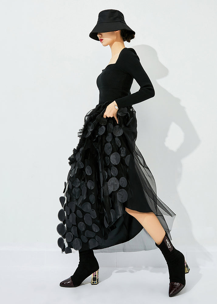Original Design Green-black Dot Elastic Waist Patchwork Wrinkled Tulle Skirt Summer