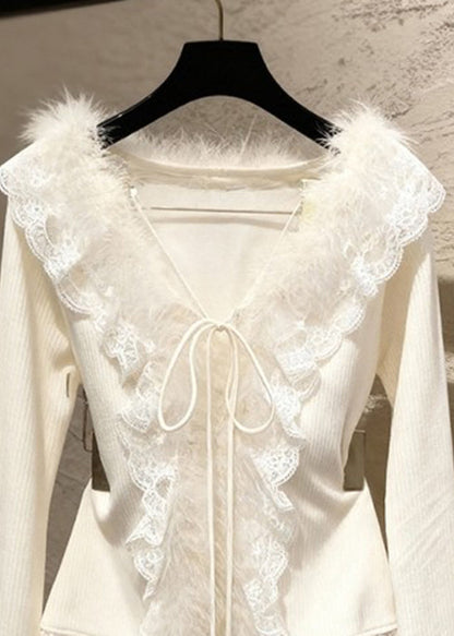 French Apricot V Neck Lace Patchwork Tie Lace Cotton Knit Sweater Spring