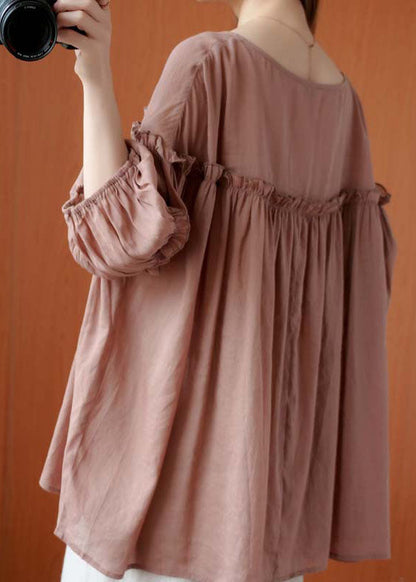 French Pink V Neck Patchwork Fall Three Quarter Sleeve Shirt Top