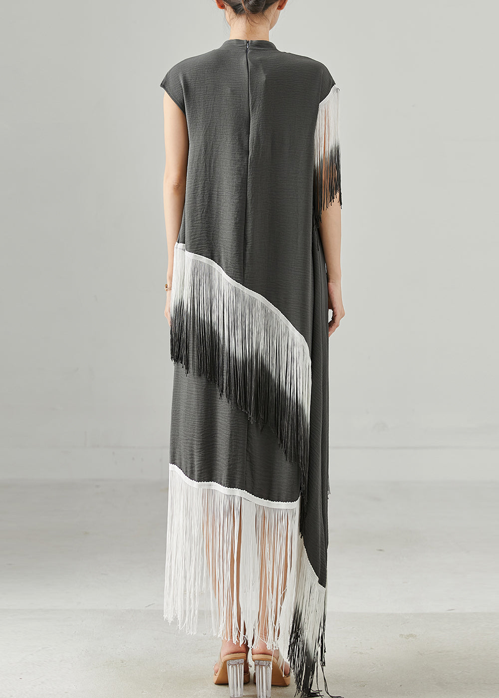 Grey Tasseled Patchwork Asymmetrical Design Robe Dresses