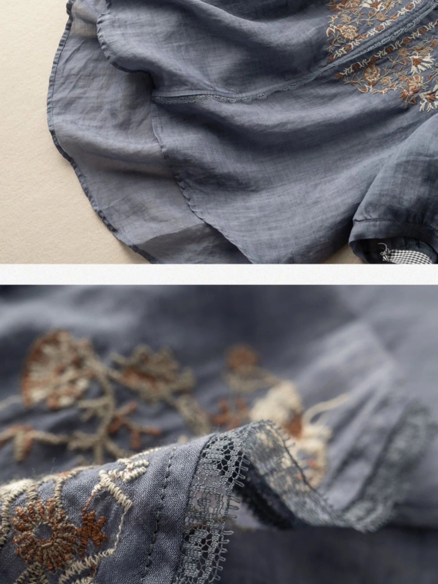 Embroidered V Neck 3/4 Sleeve Linen Top