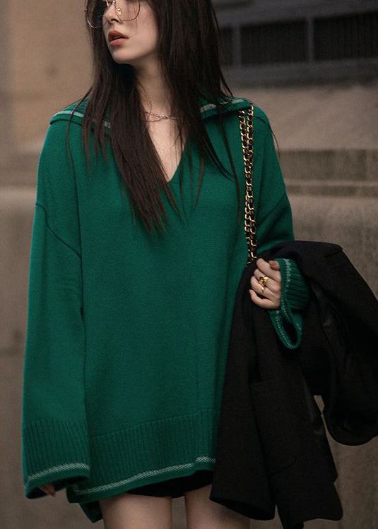 Green Sailor Collar Side Open Cozy Knitted Tops Spring
