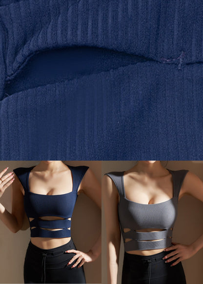 Grey O-neck Hollow Out Yoga Tank Tops