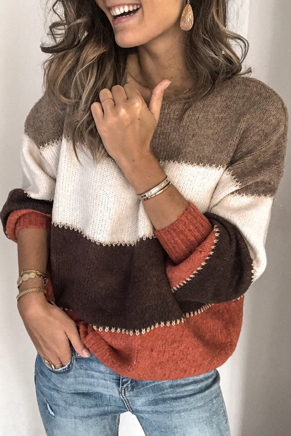 Color Patchwork Round Neck Sweater