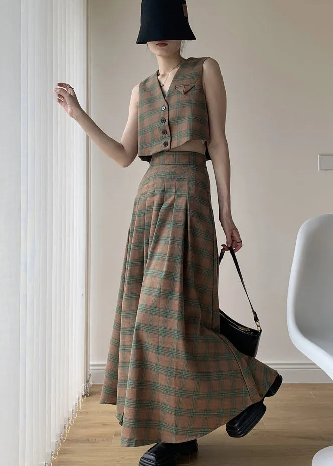 Italian Green Plaid Tops and Pleated Skirts Cotton Two Pieces Set Sleeveless