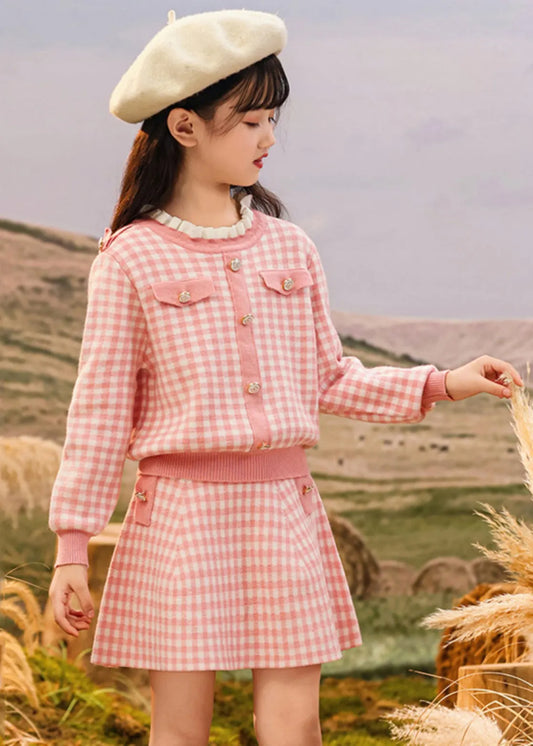 Stylish Pink O-neck Striped Kids Top and Skirts Two Piece Set Spring