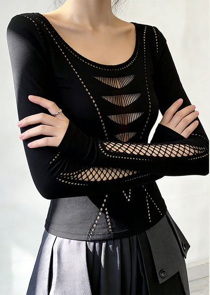 Modern Black O-neck Hollow Out Cotton Shirts Spring