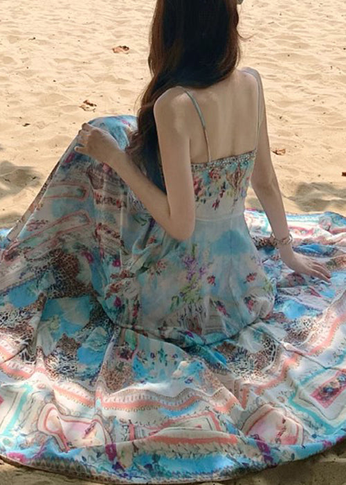 Blue V Neck Print Cotton Spaghetti Strap Dress Sleeveless