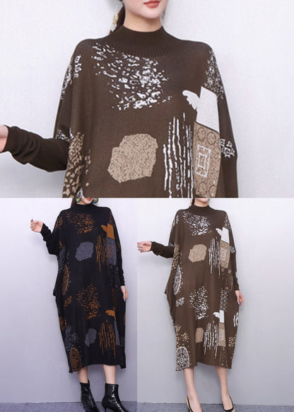 Stylish Black Oversized Print Knitted Dress Winter