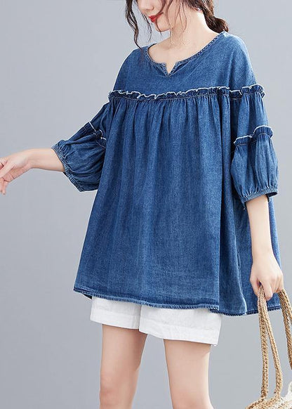 French V Neck Lantern Sleeve Cotton Summer Top Outfits Denim Blue Shirts