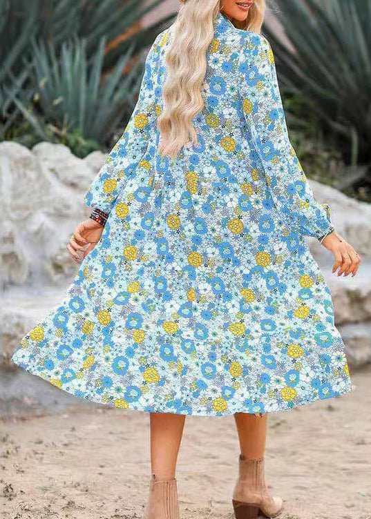 Blue Print Wrinkled Patchwork Chiffon Dress Fall