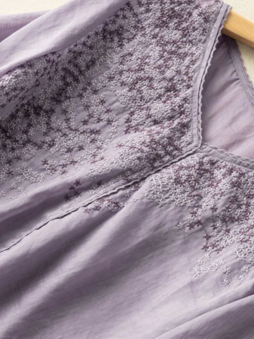 Embroidered V Neck 3/4 Sleeve Linen Top
