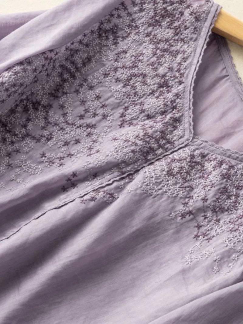 Embroidered V Neck 3/4 Sleeve Linen Top