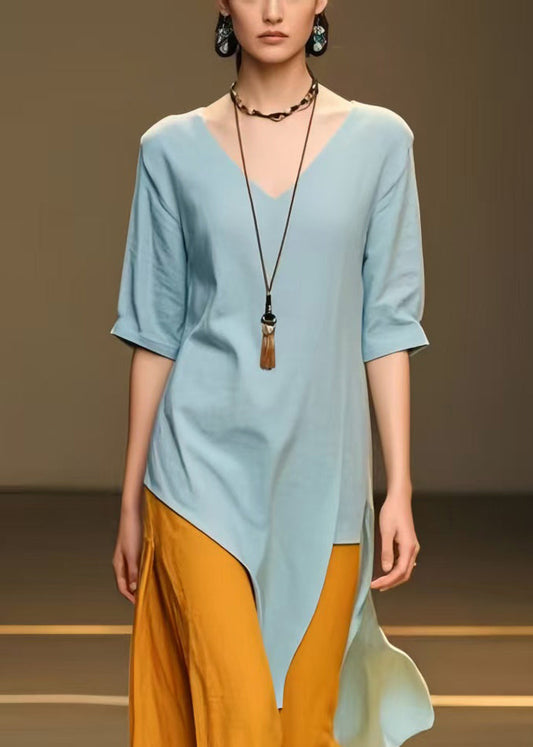 Sky Blue Asymmetrical Patchwork Cotton Long Dress Summer
