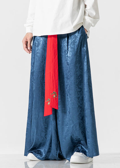 Retro Style Loose Royal Blue Wide Leg Skirt Pants for Summer