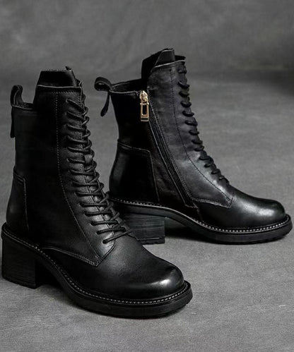 Black Biker Boots Chunky Zippered Cowhide Leather Lace Up Boots