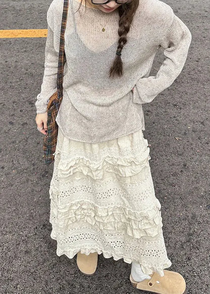 New Grey Knit Tops and Beige Ruffled Skirts Two Piece Set Spring