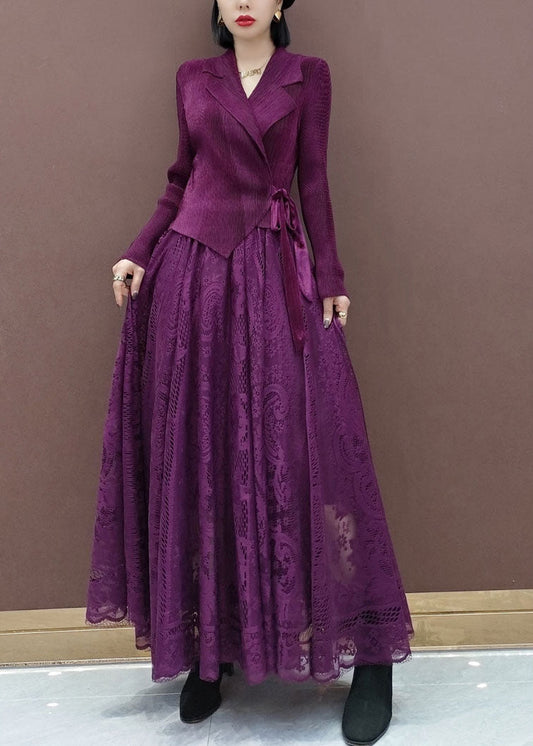 Fitted Purple Tie Waist Peter Pan Collar Knit Tops Lace Skirts Sets Two Pieces Spring