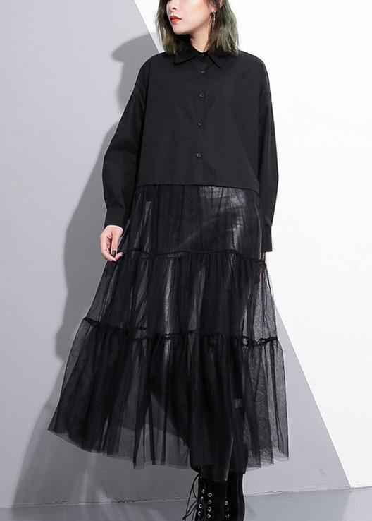 Modern Black Cotton Patchwork Tulle Fine Runway Lapel False Two Pieces Cotton Summer Dresses