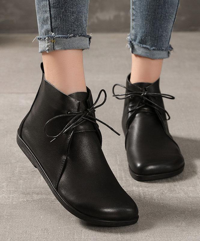 Cross Strap Boots Black Cowhide Leather Ankle Boots