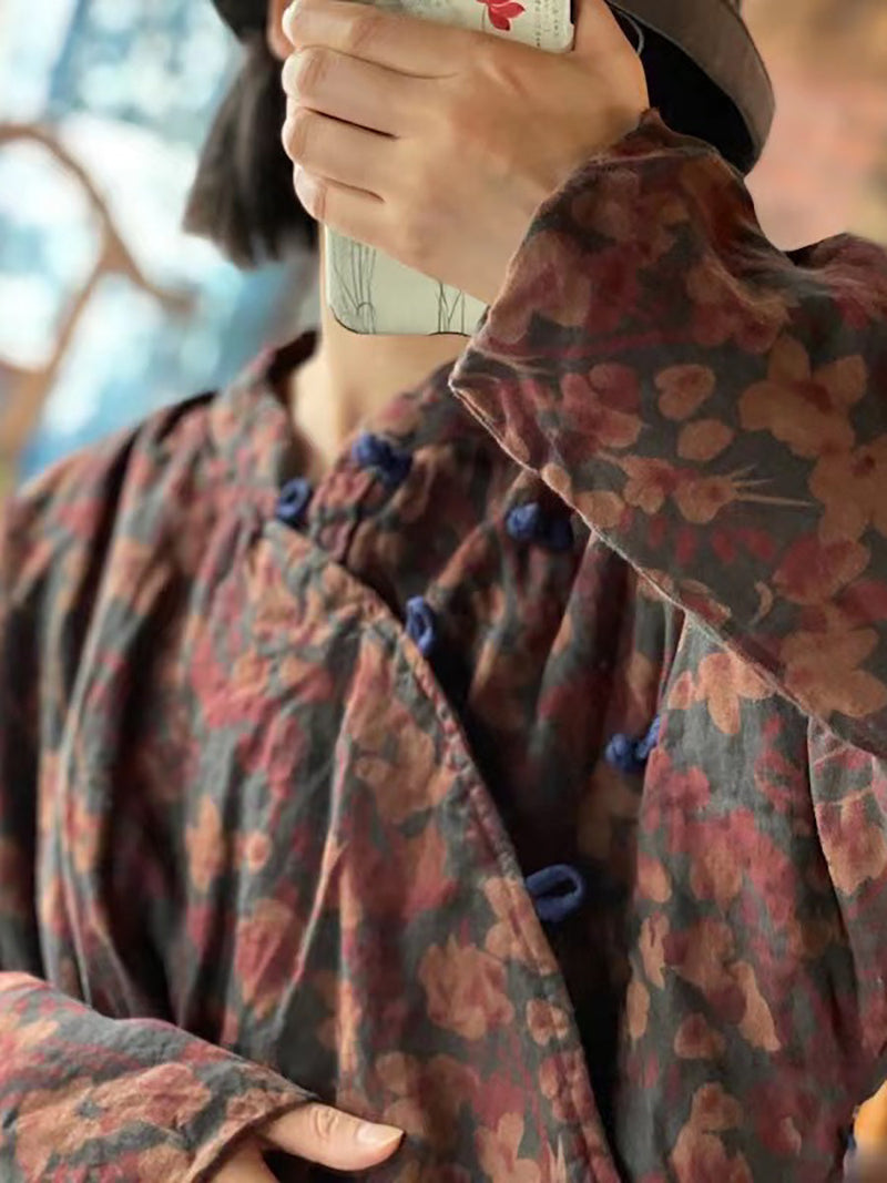 Stand Collar Print Pure Linen Loose Padded Coat