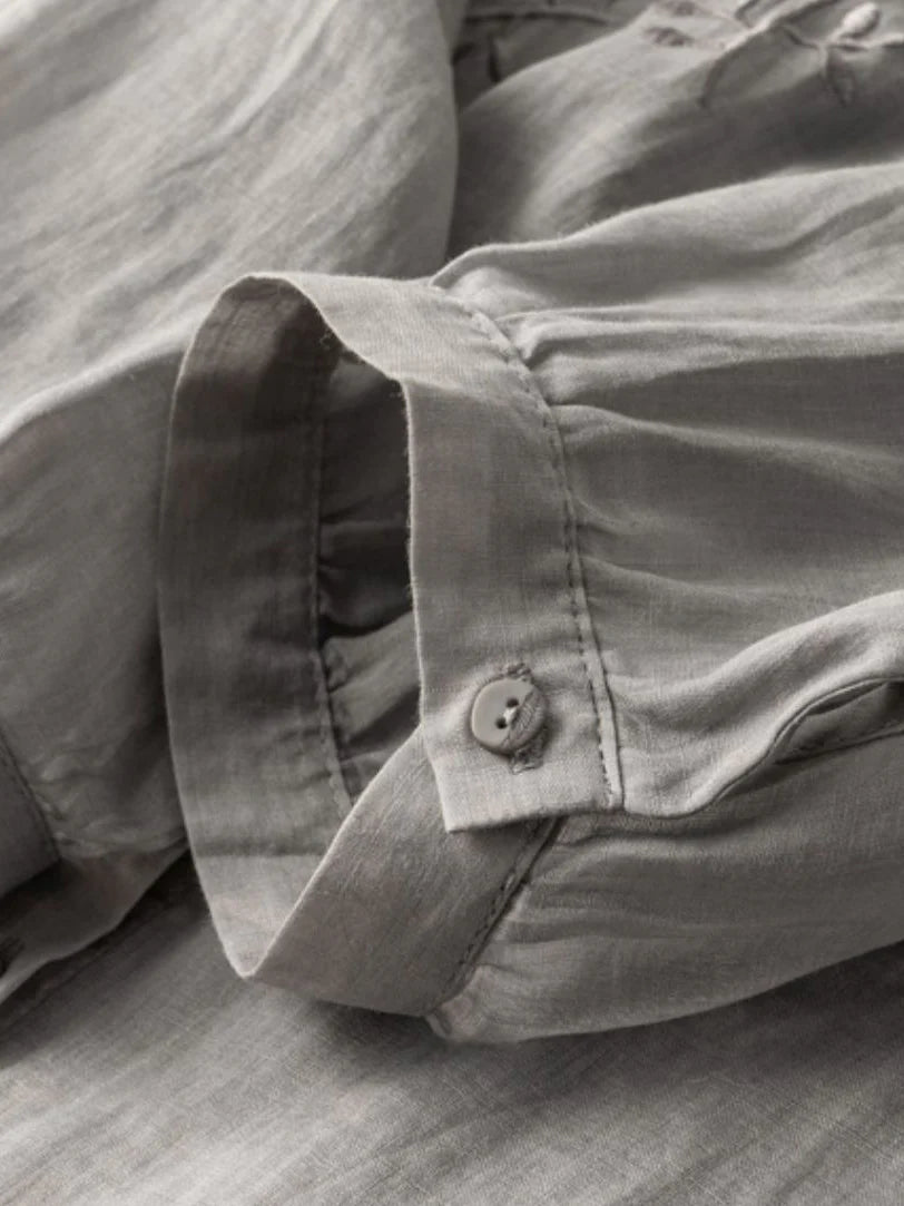 Embroidered 3/4 Sleeve Linen Shirt Top With a Patch Pocket