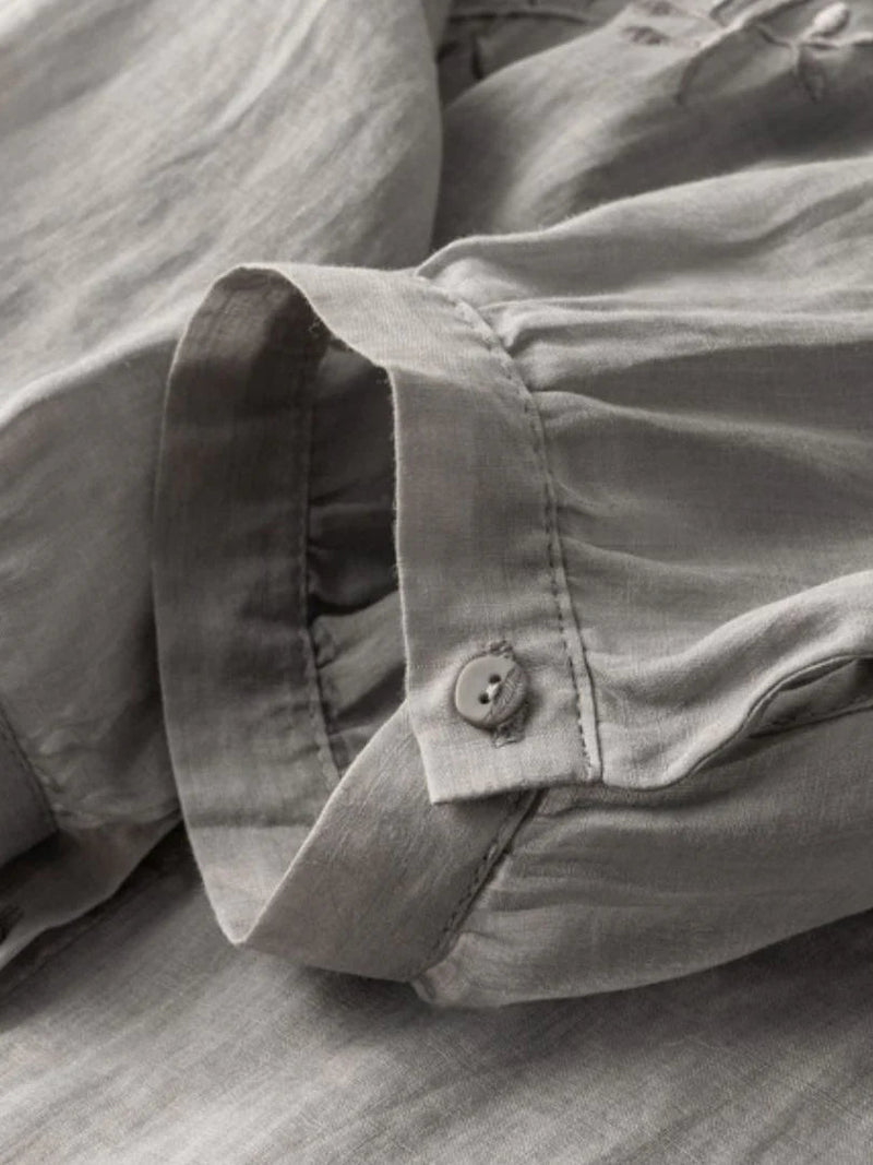 Embroidered 3/4 Sleeve Linen Shirt Top With a Patch Pocket
