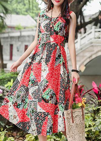 Red Print Cotton Clothes Sleeveless Tie Waist a Line Summer Dresses