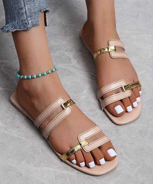 Peep Toe Faux Leather Beige Splicing Flats Slide Sandals