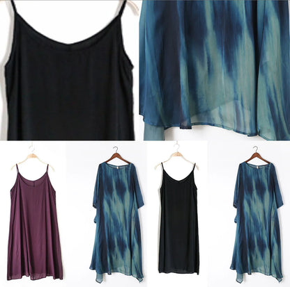 The Sea Blue Print Silk Dresses Causal Long Silk Caftans Oversize Gowns Bracelet Sleeves