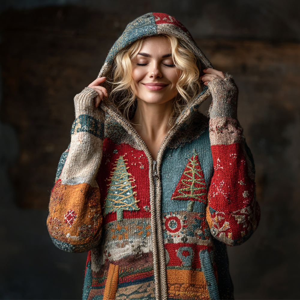 Vintage Christmas Tree Patchwork Women's Knit Hooded Zipper Sweater artswardrobe