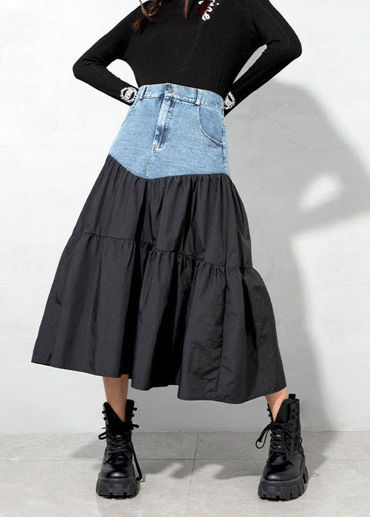 Loose Black Denim Patchwork Skirt Spring