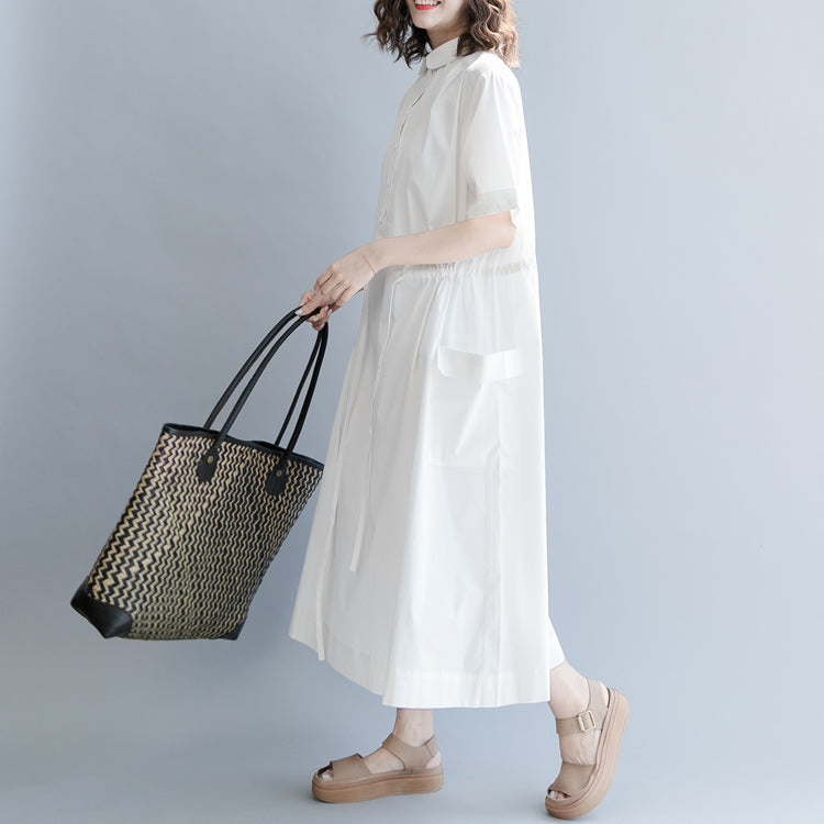 Baggy White Cotton Blended Dress Oversize Dress Short Sleeve Pockets Turn-down Collar Baggy Dresses Cotton Blended Clothing Dresses