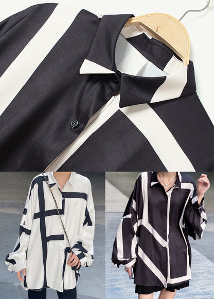 White Asymmetrical Striped Patchwork Cotton Tops Long Sleeve