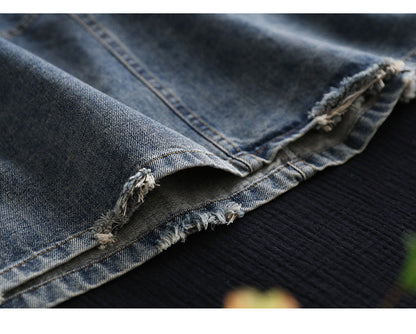 Denim Shredded Embroidered A-line Skirt