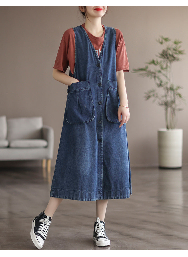 Mid Length Sleeveless Large Pocket V-neck Dress