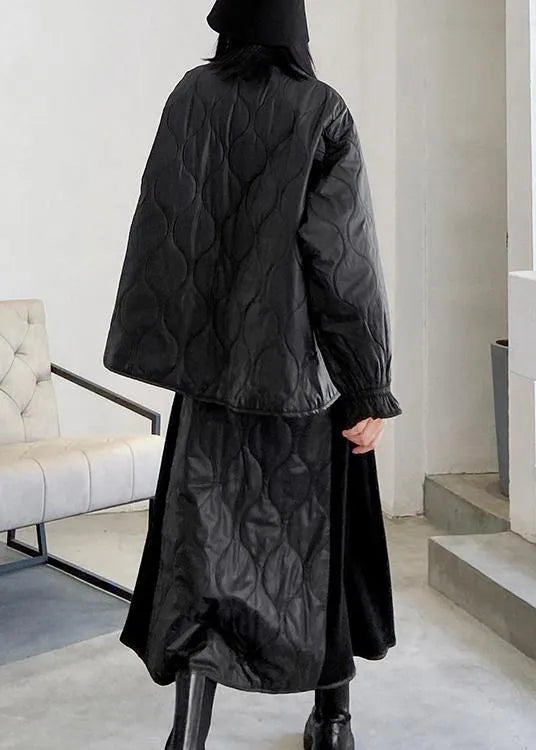 Retro Winter Black Patchwork Sweater Skirt Two Piece Set