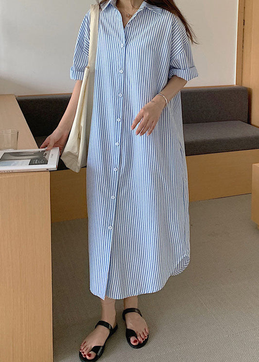 Simple Blue Striped Long Shirts Cotton Dress Short Sleeve