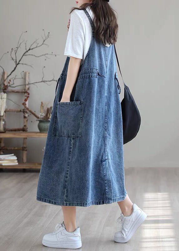 Blue Drawstring Pocket Spaghetti Strap Cotton Denim Dress