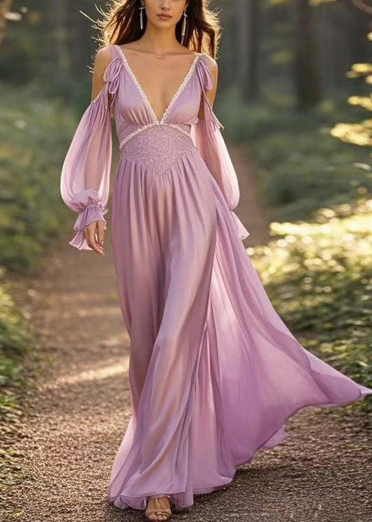 Loose Purple Cold Shoulder Chiffon Long Dress Butterfly Sleeve