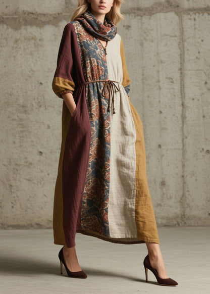 Colorblock V Neck Print Lace Up Cotton Dresses Fall